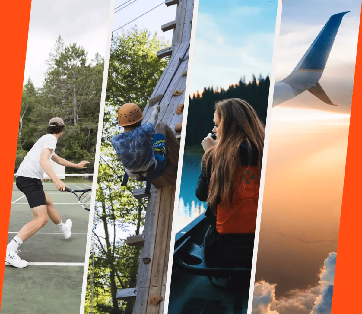 A photo collage of various camp and travel activities