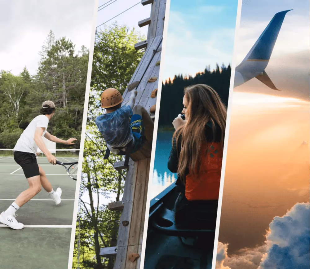 A photo collage of various camp and travel activities