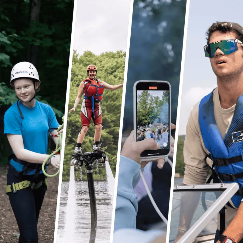 A photo collage of various camp and travel activities
