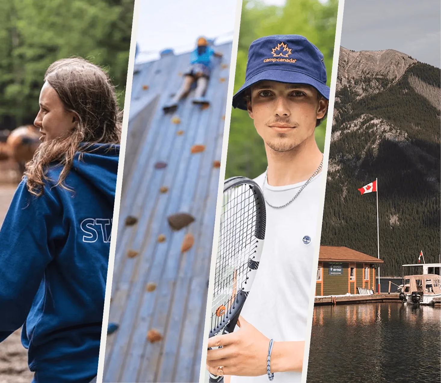A photo collage of various camp and travel activities
